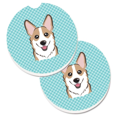 Carolines Treasures Checkerboard Blue Corgi Set of 2 Cup Holder Car Coaster BB1191CARC